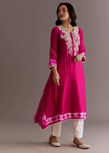 Pink Silk Moti Embroidered Kurta Set With Organza Dupatta