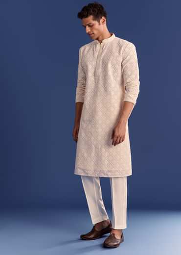 Peach Georgette Kurta Set With All Over Embroidery