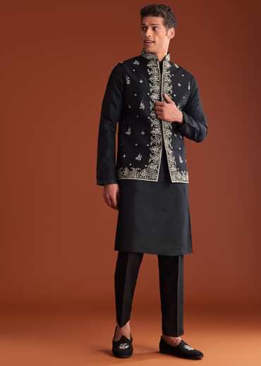 Black Silk Kurta Jacket Set With Thread Work