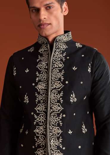 Black Silk Kurta Jacket Set With Thread Work