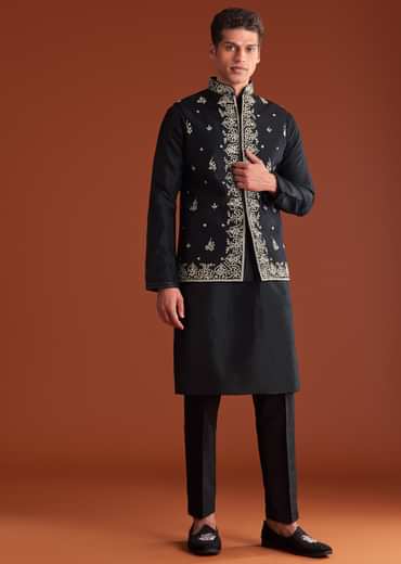Black Silk Kurta Jacket Set With Thread Work