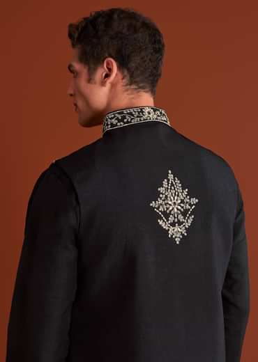Black Silk Kurta Jacket Set With Thread Work