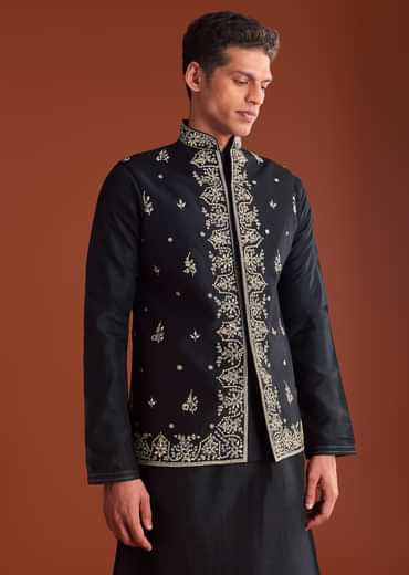 Black Silk Kurta Jacket Set With Thread Work