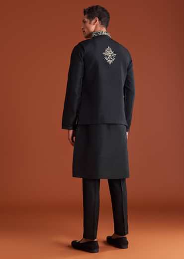 Black Silk Kurta Jacket Set With Thread Work
