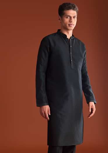 Black Silk Kurta Jacket Set With Thread Work