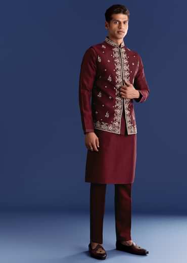 Red Silk Kurta Jacket Set With Thread Work