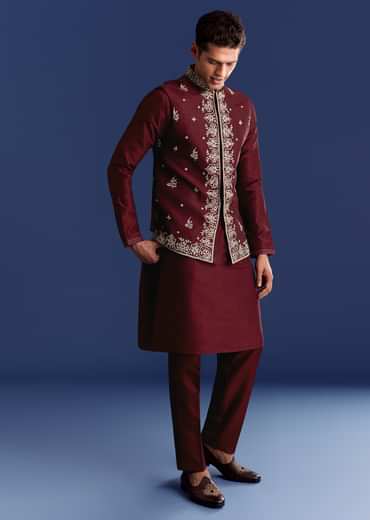 Red Silk Kurta Jacket Set With Thread Work