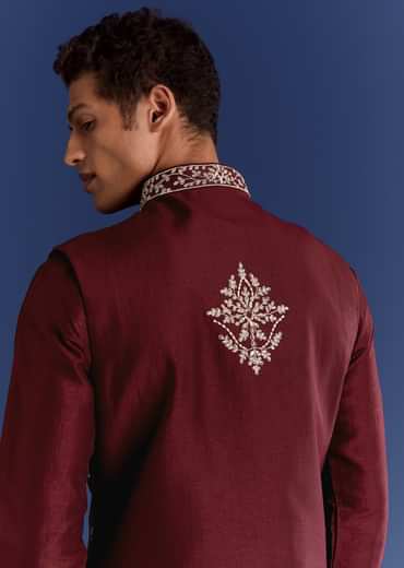 Red Silk Kurta Jacket Set With Thread Work