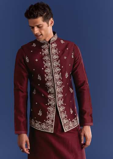 Red Silk Kurta Jacket Set With Thread Work