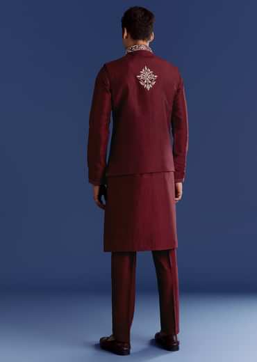Red Silk Kurta Jacket Set With Thread Work