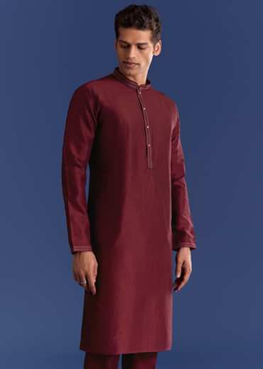 Red Silk Kurta Jacket Set With Thread Work