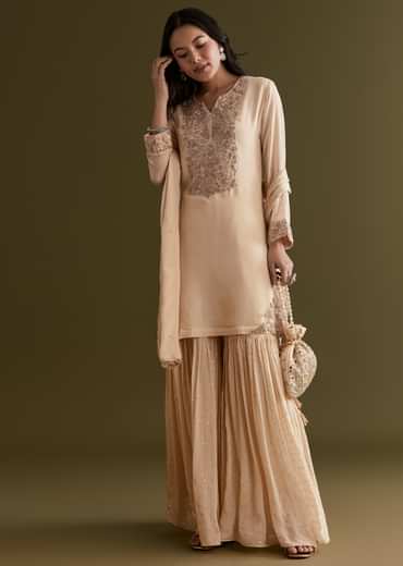 Cream Chinon Kurta Sharara Suit With Embroidered Dupatta