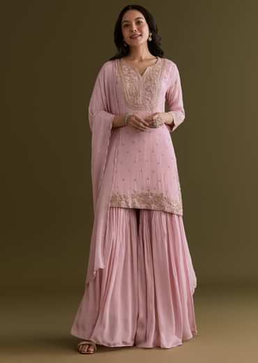 Light Pink Chinon Sharara Suit With Zardosi Embroidered Dupatta