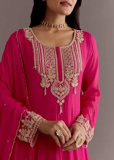 Pink Chinon Thread Sequin Embroidered Anarkali Dupatta Suit
