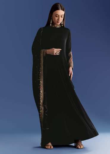 Black Chinon Anarkali With Embroidered Collar And Zari Dupatta
