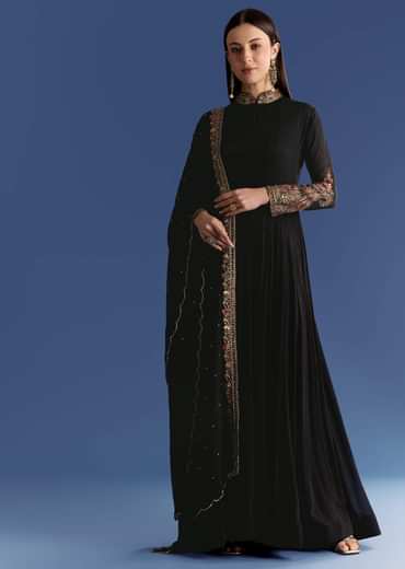 Black Chinon Anarkali With Embroidered Collar And Zari Dupatta