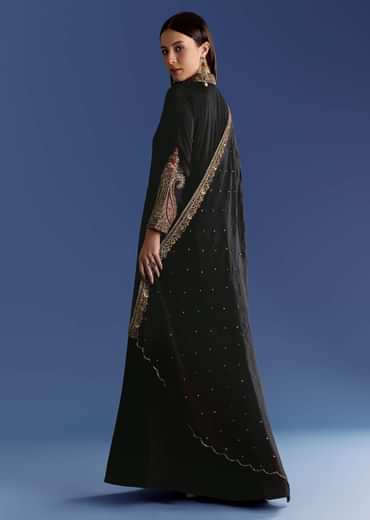 Black Chinon Anarkali With Embroidered Collar And Zari Dupatta