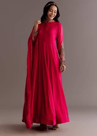 Red Chinon Zardosi Anarkali Suit With Cutdana Dupatta