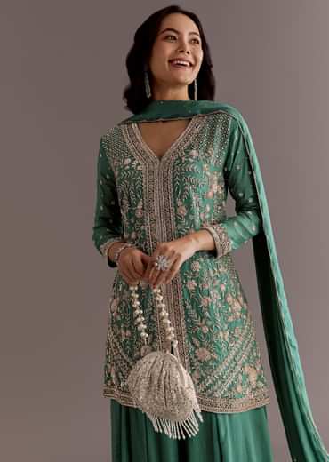 Green Chinon Cudtana Embroidered Kurta Palazzo Suit