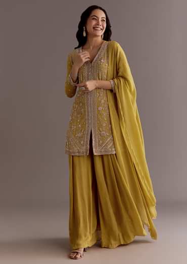 Yellow Chinon Embroidered Kurta Palazzo Suit With Dupatta