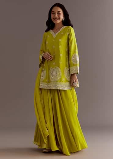 Lime Green Short Kurta Palazzo Suit With Moti Embellished Dupatta