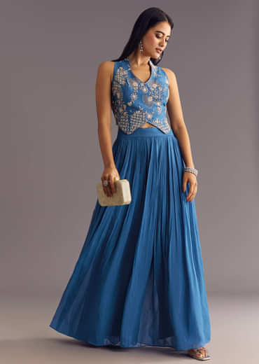 Cobalt Blue Georgette Croptop Palazzo Suit With Embroidery