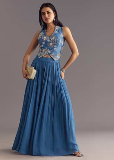 Cobalt Blue Georgette Croptop Palazzo Suit With Embroidery
