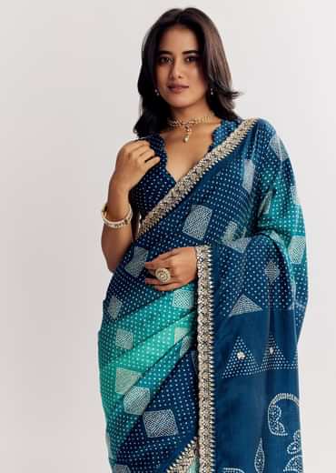 Blue Shaded Muslin Printed Saree With Embellishments