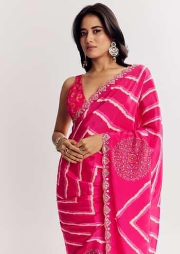 Pink Satin Saree With Gota And Mirror Embroidery
