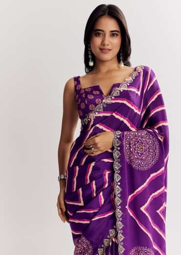 Purple Satin Saree With Gota And Mirror Embroidery