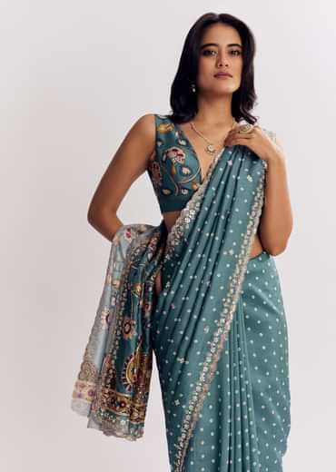 Blue Shaded Muslin Printed Saree With Mirror Gota Zari And Sequins