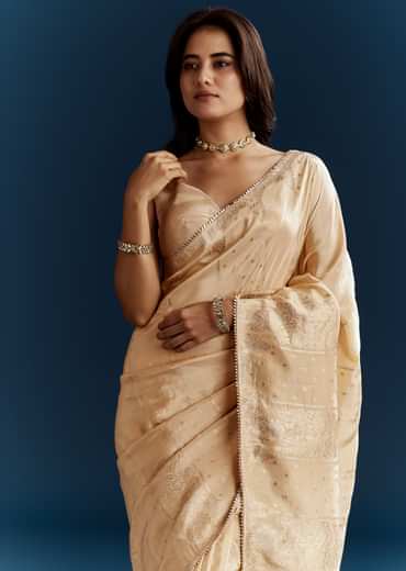 Cream Dola Silk Brocade Saree With Gota Patti Work