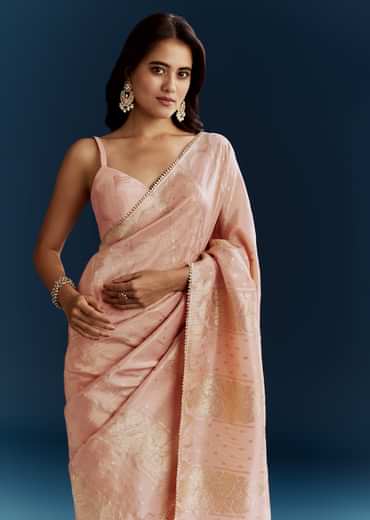 Peach Dola Silk Brocade Saree With Gota Patti And Moti Embroidery