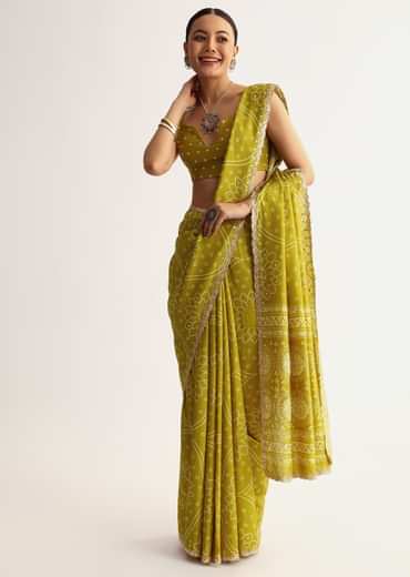 Mehendi Green Patola Printed Georgette Saree With Scallop Border