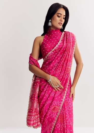 Pink Muslin Bandhani Printed Saree With Zari And Mirror Embroidery