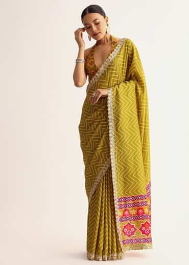 Mehendi Green Patola Printed Satin Saree With Scallop Embroidered Border