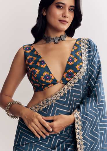 Navy Blue Muslin Ajrakh Printed Saree With Gota And Mirror Work