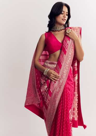 Pink Satin Saree With Zari Vine Design