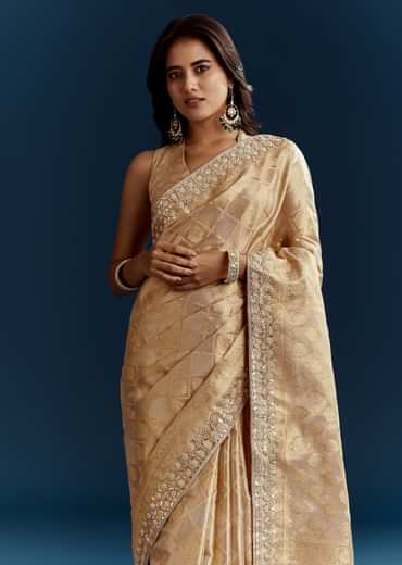 Gold Tissue Brocade Saree With Tassels And Gota Patti Moti Embroidery