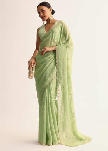 Mint Green Scallop Bordered Saree With Foil Printed Stripes