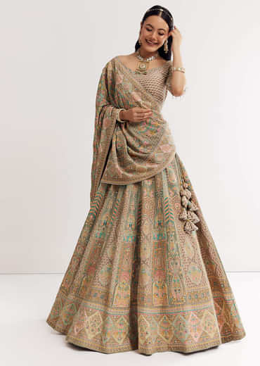 Green Beige Sweetheart Neck Georgette Printed Lehenga With Crepe Dupatta
