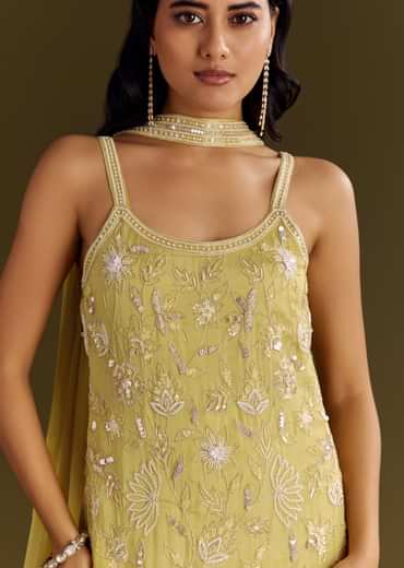 Light Yellow Chinon Embroidered Kurta Sharara With Choker Style Dupatta