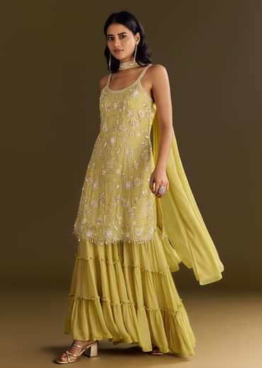 Light Yellow Chinon Embroidered Kurta Sharara With Choker Style Dupatta