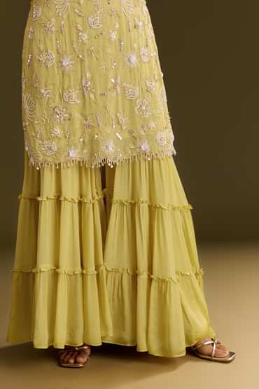 Light Yellow Chinon Embroidered Kurta Sharara With Choker Style Dupatta