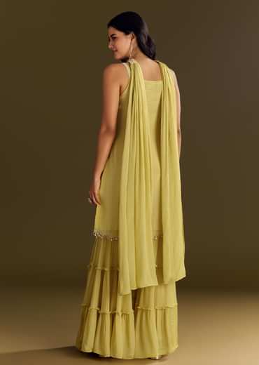 Light Yellow Chinon Embroidered Kurta Sharara With Choker Style Dupatta