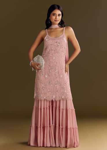 Light Pink Chinon Embroidered Kurta Sharara With Choker Dupatta