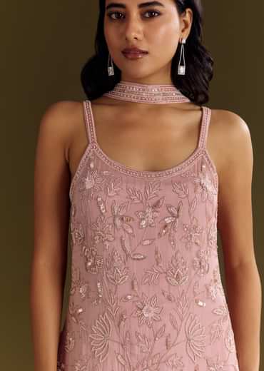 Light Pink Chinon Embroidered Kurta Sharara With Choker Dupatta