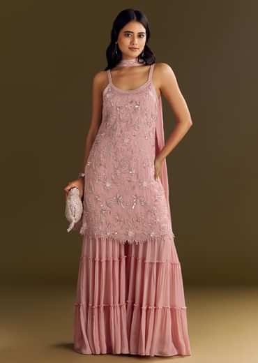 Light Pink Chinon Embroidered Kurta Sharara With Choker Dupatta