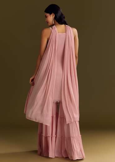 Light Pink Chinon Embroidered Kurta Sharara With Choker Dupatta