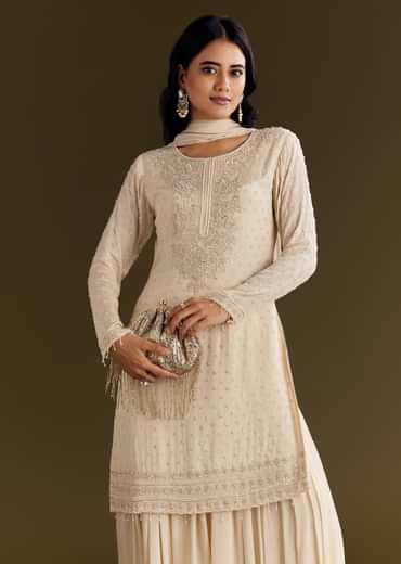 Cream Kurta Palazzo Set With Cutdana And Sequins Work